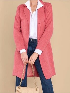 Aura Coral-Pink Belted Double Breasted Coat, Size Medium
